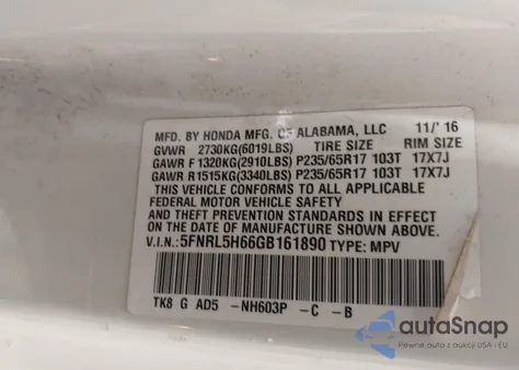 2016 Honda Odyssey Ex-L z USA, uszkodzony, nr VIN 5FNRL5H66GB161890